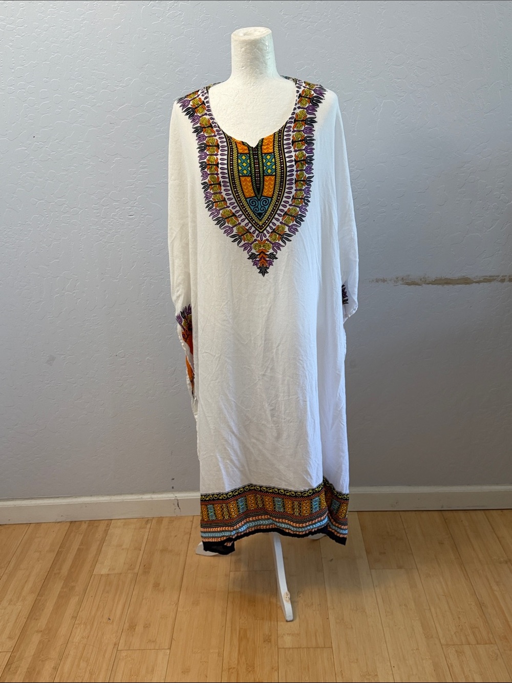 White Embroidered V-Neck Maxi Dress with Colorful Tribal Trim